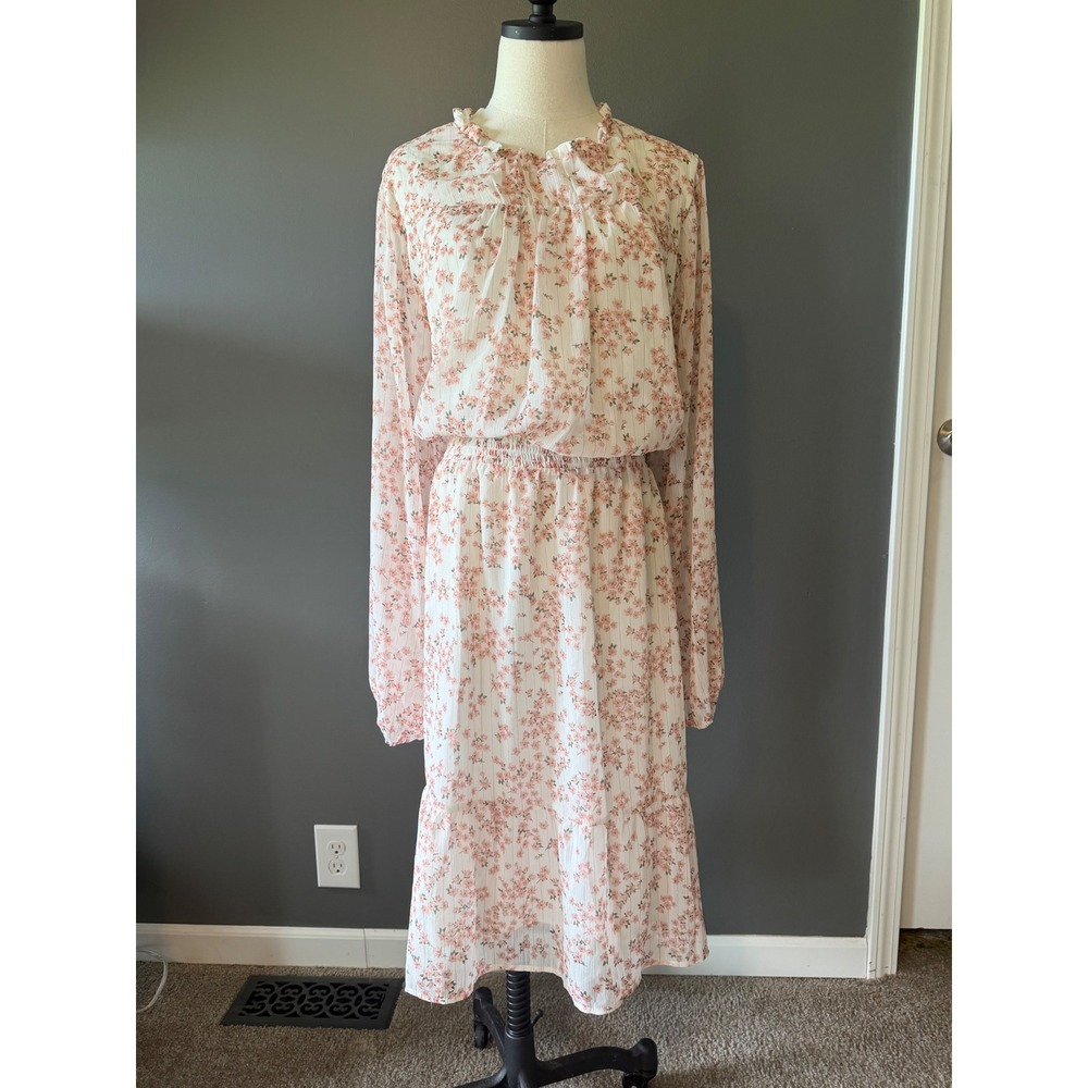 Draper James RSVP Floral Smocked Waist Midi Dress Pink White Gold 3X NWT - Picture 2 of 10
